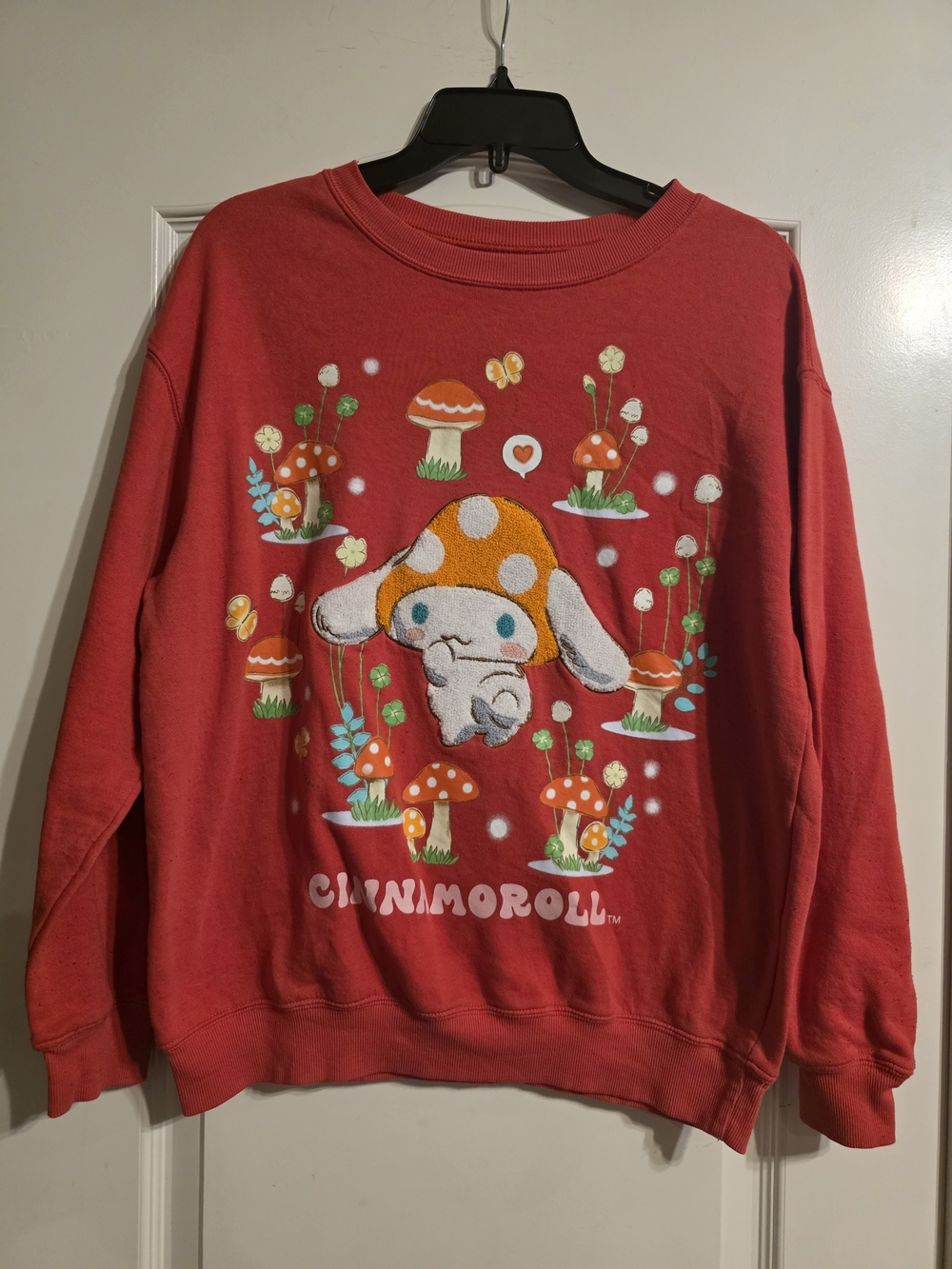 Red Graphic Cinnamoroll Crewneck Sweatshirt With Mushrooms